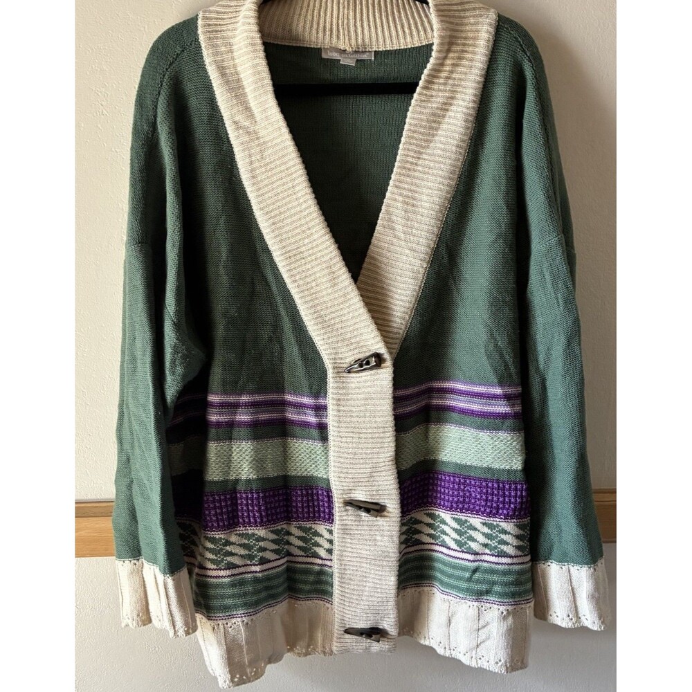 Woman Within 1X 22/24 Geometric Eclectic Grandpa Toggle Cardigan Green Purple